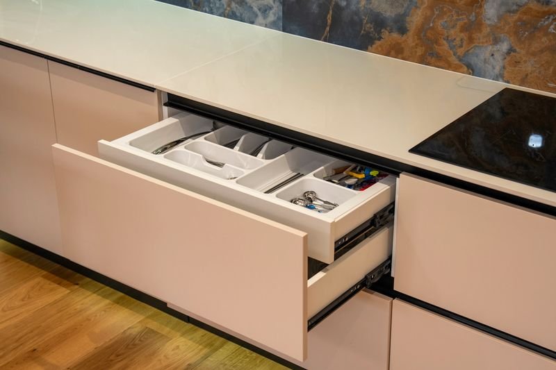 Modern kitchen drawer with organised cutlery dividers